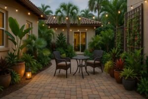 Cozy Florida Courtyard with lights and native plants on patio