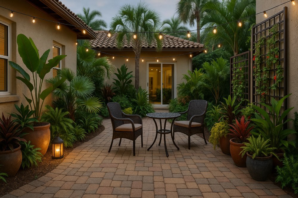 Cozy Florida Courtyard with lights and native plants on patio