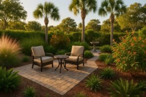 Calm oasis of patio surrounded by native Florida plants