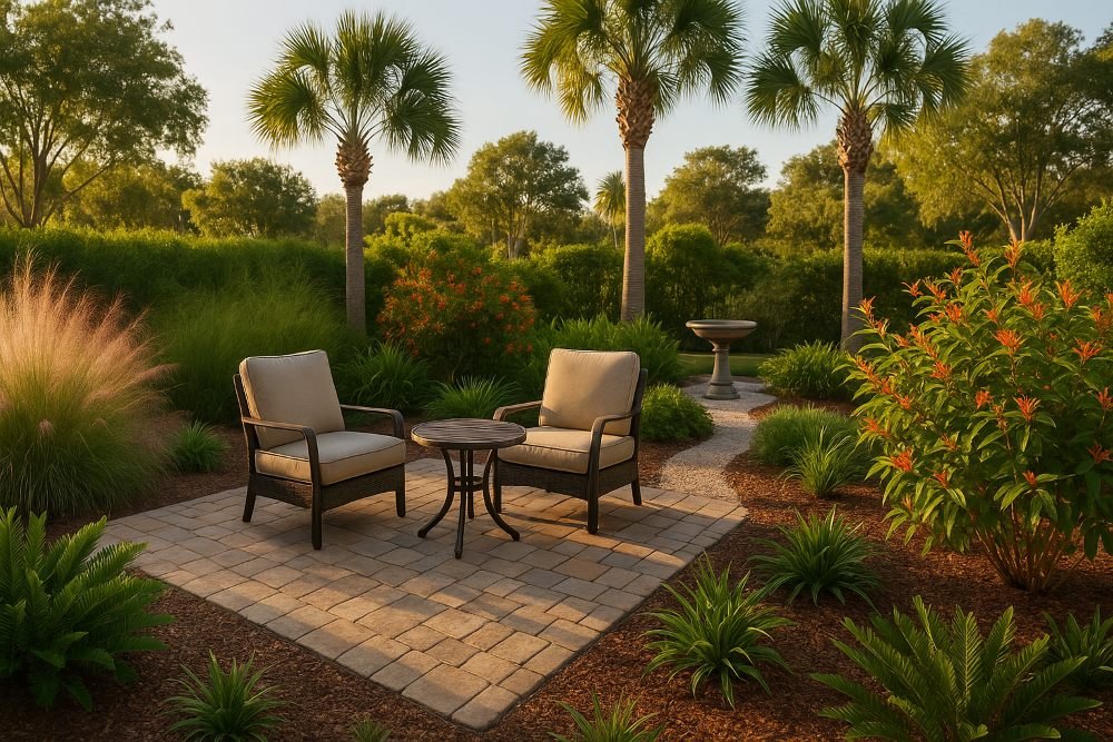 Calm oasis of patio surrounded by native Florida plants