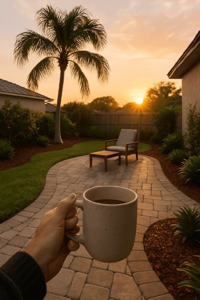 Guy holding a coffee cup admiring his backyard in Florida with beautiful landscape and a palm tree