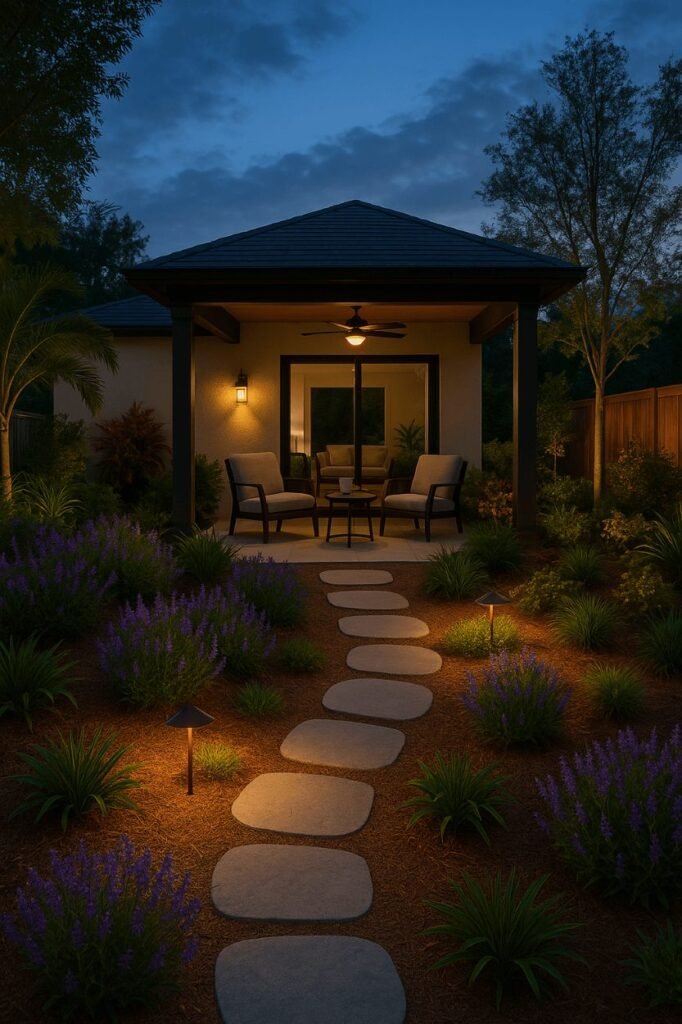 Backyard in Florida with patio, plants and lighting